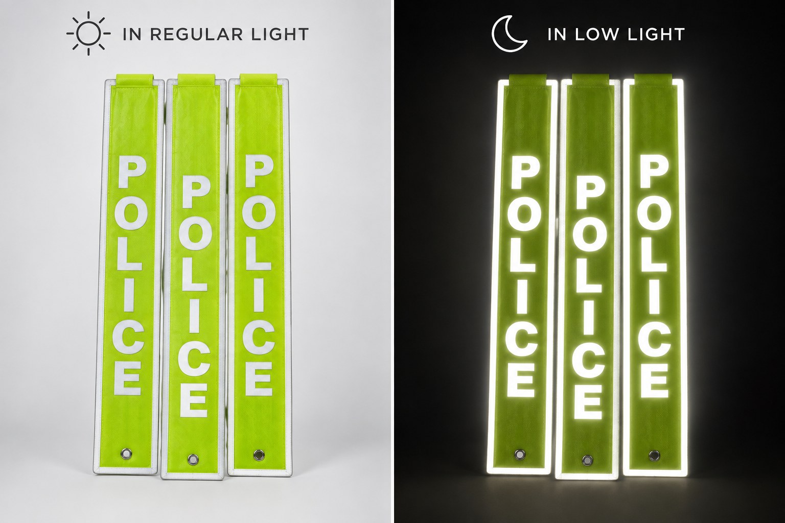 Three POLICE safety banners photographed side by side, the left half in regular daylight and the right half in low light where the reflective lettering and edging return the light brightly